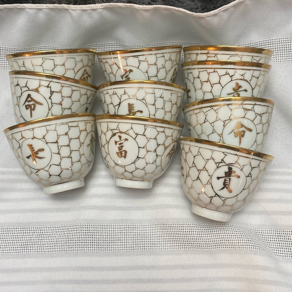 Antique Chinese jiang xi Porcelain Tea Cup Set of 10 " Long Life & Prosperity"